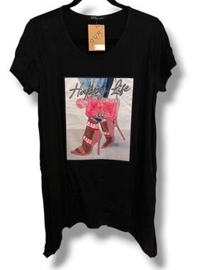Bling Black Graphic Top with Pink Shoe Print